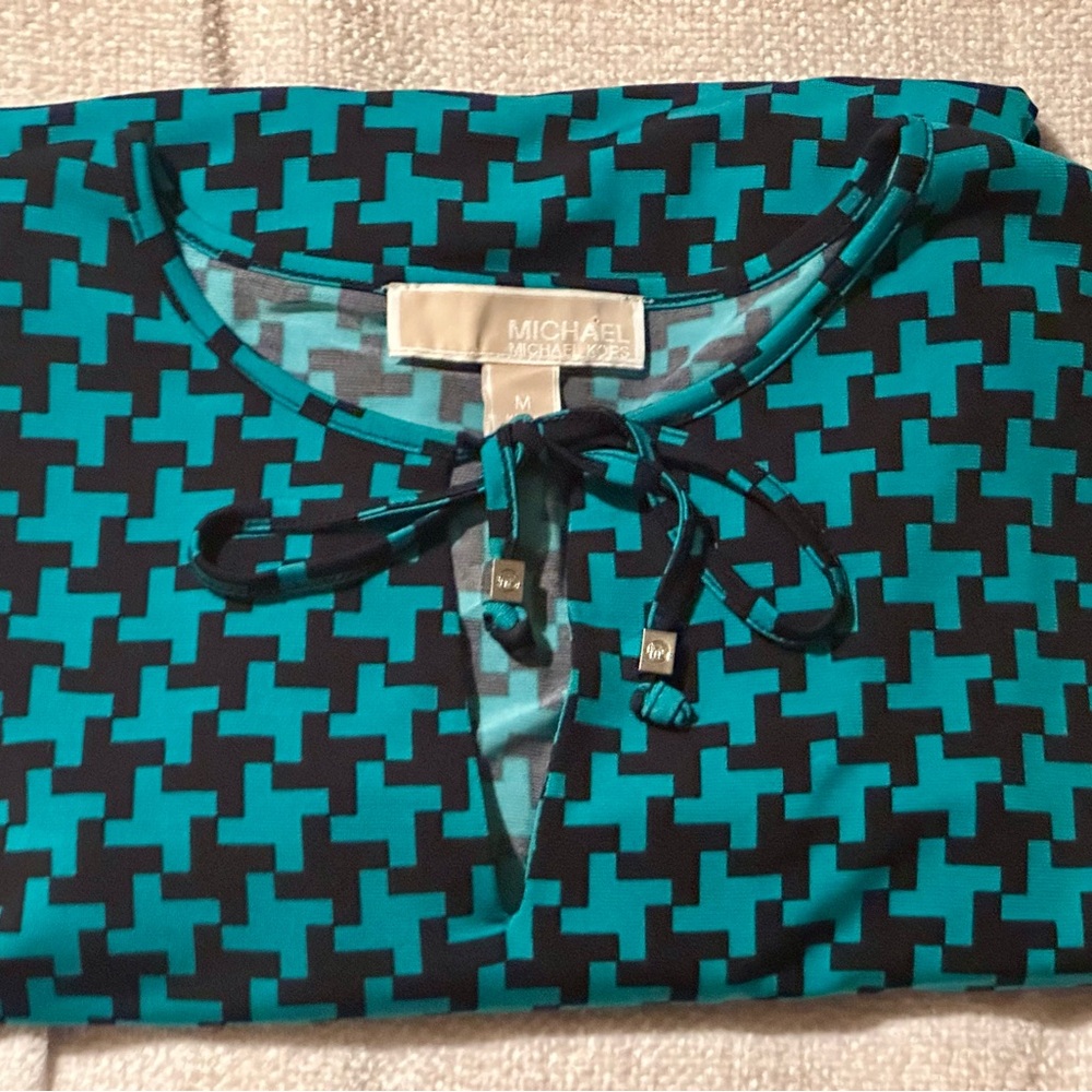 Michael Kors Teal & Black Geometric Tie-Neck Split Sleeve Top Size M